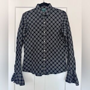 Lauren Ralph Lauren Black and White Plaid Button Down Shirt w/ Bell Sleeves